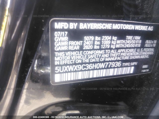 5UXWX9C36H0W77936 - 2017 BMW X3 XDRIVE28I BLACK photo 9