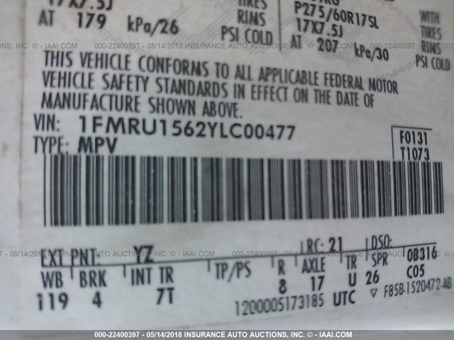 1FMRU1562YLC00477 - 2000 FORD EXPEDITION XLT თეთრი ფოტო 9