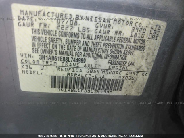 3N1AB61E88L744989 - 2008 NISSAN SENTRA 2.0/2.0S/2.0SL GRAY photo 9