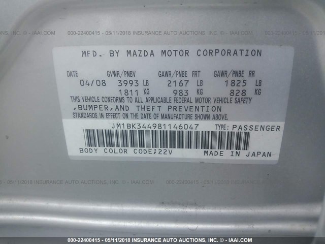 JM1BK344981146047 - 2008 MAZDA 3 HATCHBACK SILVER photo 9