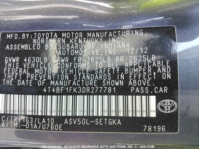 4T4BF1FK3DR277781 - 2013 TOYOTA CAMRY L/SE/LE/XLE GRAY photo 9