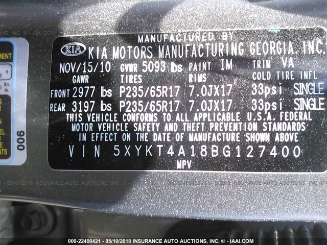 5XYKT4A18BG127400 - 2011 KIA SORENTO LX GRAY photo 9