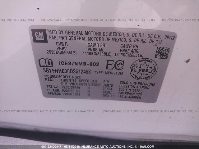 3GYFNHE30DS512458 - 2013 CADILLAC SRX PERFORMANCE COLLECTION Ақ фото 9