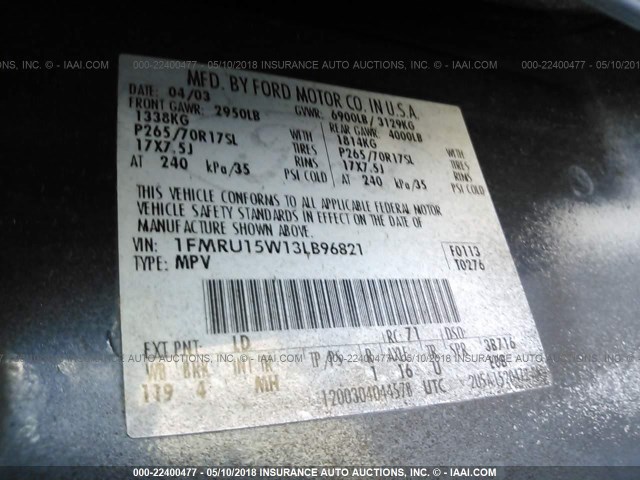 1FMRU15W13LB96821 - 2003 FORD EXPEDITION XLT GRAY photo 9