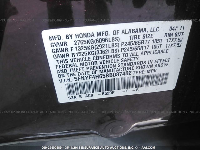 5FNYF4H65BB087402 - 2011 HONDA PILOT EXL BURGUNDY photo 9