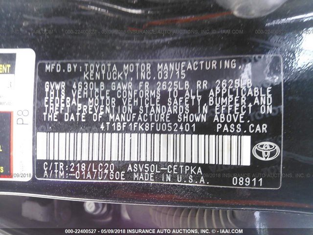 4T1BF1FK8FU052401 - 2015 TOYOTA CAMRY LE/XLE/SE/XSE BLACK photo 9