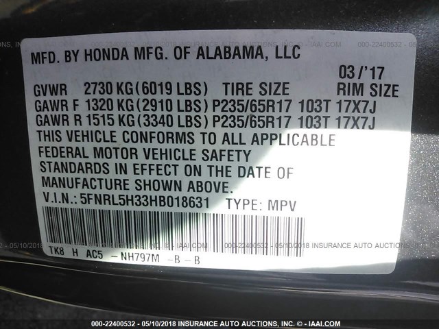 5FNRL5H33HB018631 - 2017 HONDA ODYSSEY SE GRAY photo 9