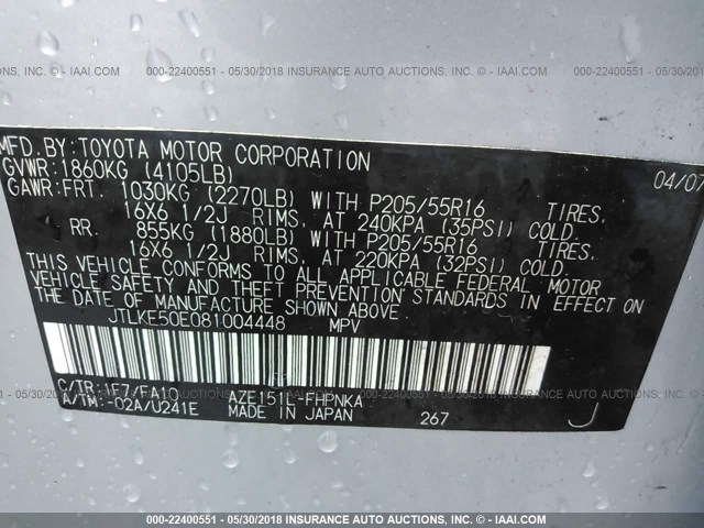 JTLKE50E081004448 - 2008 TOYOTA SCION XB SILVER photo 9