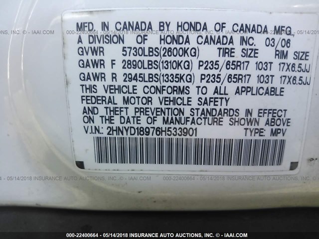 2HNYD18976H533901 - 2006 ACURA MDX TOURING WHITE photo 9