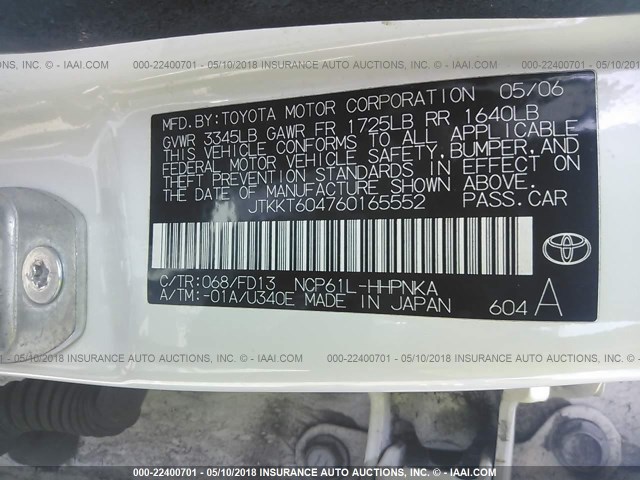 JTKKT604760165552 - 2006 TOYOTA SCION XA WHITE photo 9