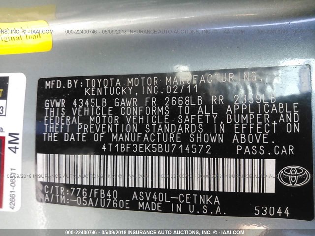 4T1BF3EK5BU714572 - 2011 TOYOTA CAMRY SE/LE/XLE GREEN photo 9