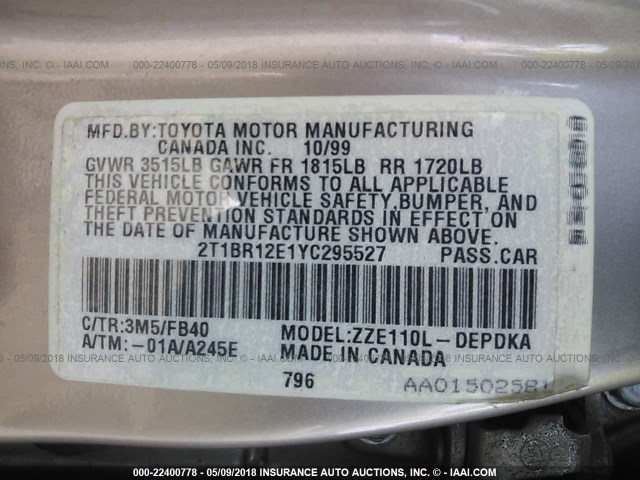 2T1BR12E1YC295527 - 2000 TOYOTA COROLLA VE/CE/LE 锡色 照片 9