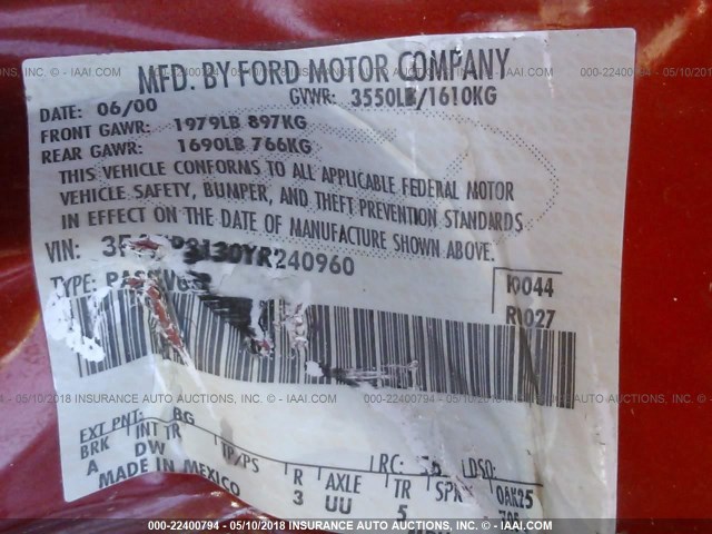 3FAFP3130YR240960 - 2000 FORD FOCUS ZX3 ORANGE photo 9