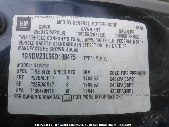 1GNDV23L66D189475 - 2006 CHEVROLET UPLANDER LS BLUE photo 9