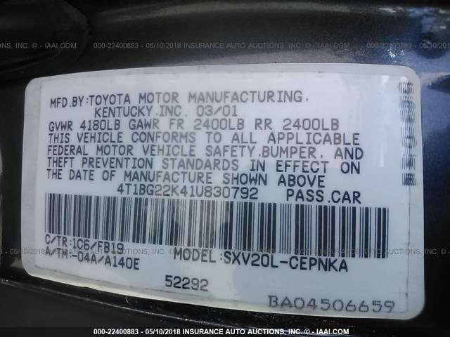 4T1BG22K41U830792 - 2001 TOYOTA CAMRY CE/LE/XLE 黑色 照片 9