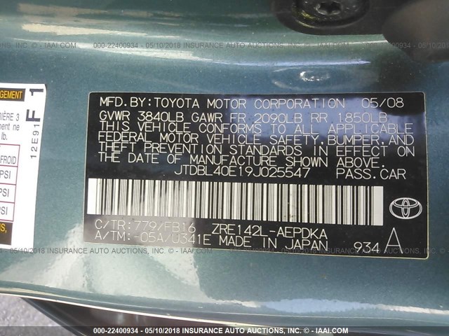 JTDBL40E19J025547 - 2009 TOYOTA COROLLA LE/XLE TEAL photo 9