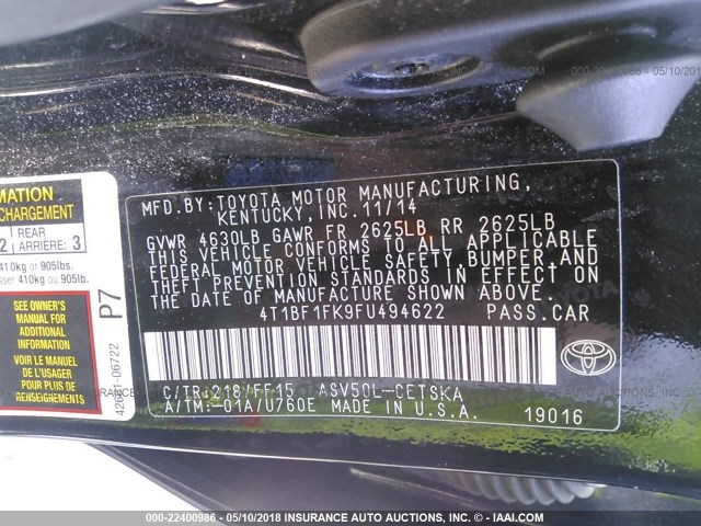 4T1BF1FK9FU494622 - 2015 TOYOTA CAMRY LE/XLE/SE/XSE BLACK photo 9