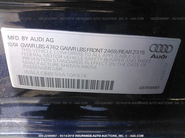 WAULC68E55A104974 - 2005 AUDI A4 1.8T QUATTRO/SPECIAL Dark Blue photo 9