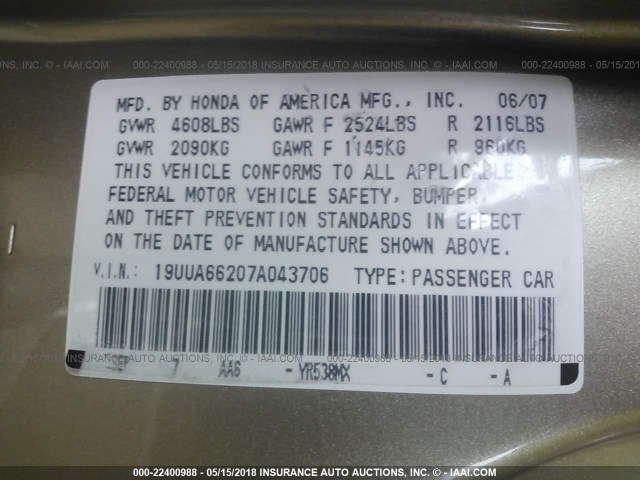 19UUA66207A043706 - 2007 ACURA TL TAN photo 9