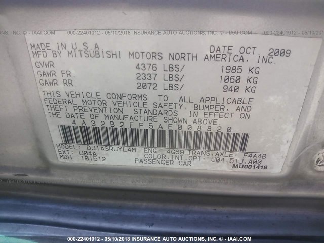 4A32B2FF5AE008820 - 2010 MITSUBISHI GALANT FE SILVER photo 9