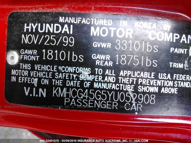 KMHCG45G5YU052908 - 2000 HYUNDAI ACCENT GL RED photo 9