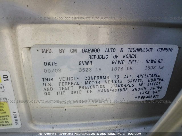 KL1TD56E39B383541 - 2009 CHEVROLET AVEO LS/LT 银色 照片 9