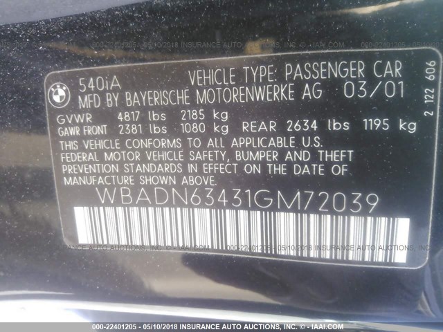 WBADN63431GM72039 - 2001 BMW 540 I AUTOMATIC أسود صورة 9