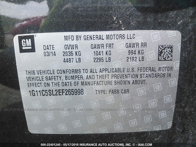 1G11C5SL2EF265998 - 2014 CHEVROLET MALIBU 1LT 灰色 照片 9