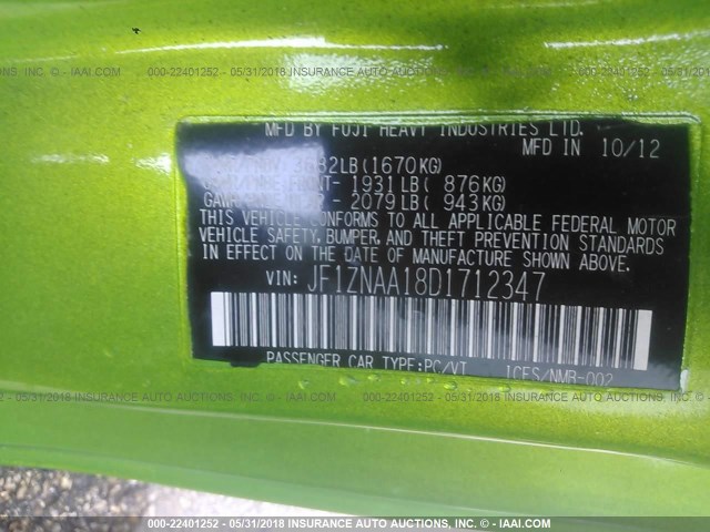 JF1ZNAA18D1712347 - 2013 TOYOTA SCION FR-S GREEN photo 9