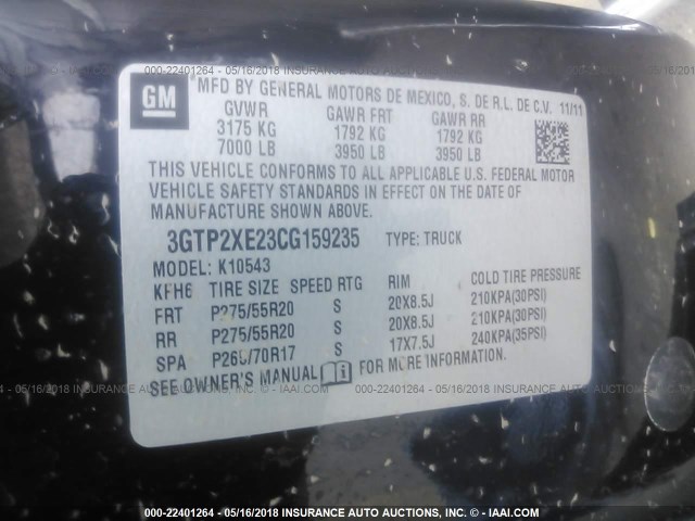 3GTP2XE23CG159235 - 2012 GMC SIERRA K1500 DENALI BLACK photo 9