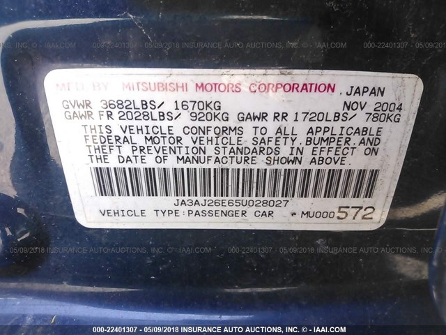 JA3AJ26E65U028027 - 2005 MITSUBISHI LANCER ES BLUE photo 9