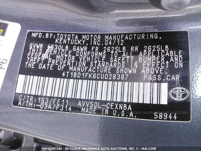 4T1BD1FK6CU028387 - 2012 TOYOTA CAMRY HYBRID/LE/XLE 灰色 照片 9