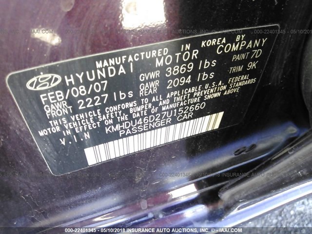 KMHDU46D27U152660 - 2007 HYUNDAI ELANTRA GLS/SE/LIMITED BURGUNDY photo 9