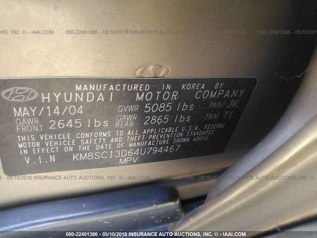 KM8SC13D64U794467 - 2004 HYUNDAI SANTA FE GLS/LX GOLD photo 9