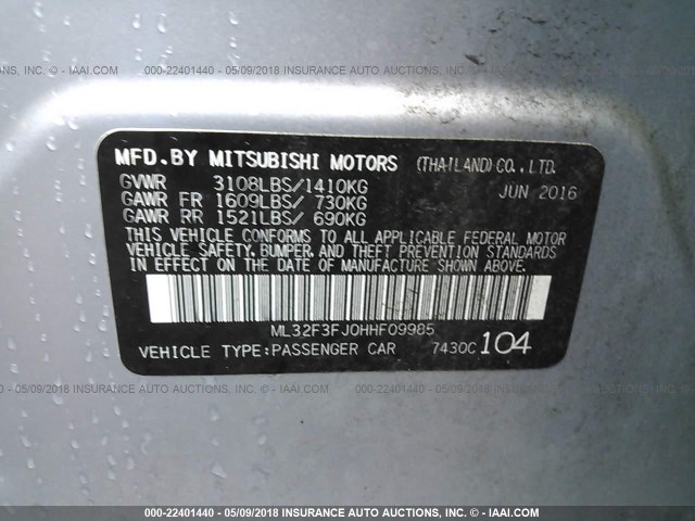 ML32F3FJ0HHF09985 - 2017 MITSUBISHI MIRAGE G4 ES Gümüş foto 9