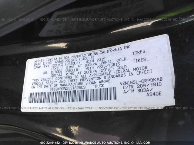 5TESN92N23Z182909 - 2003 TOYOTA TACOMA XTRACAB PRERUNNER შავი ფოტო 9