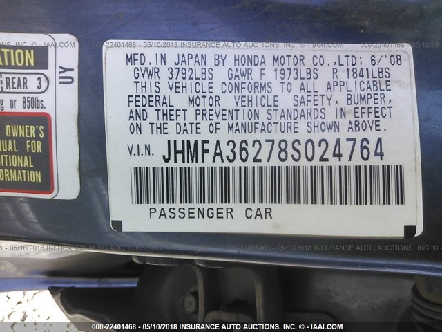 JHMFA36278S024764 - 2008 HONDA CIVIC HYBRID BLUE photo 9