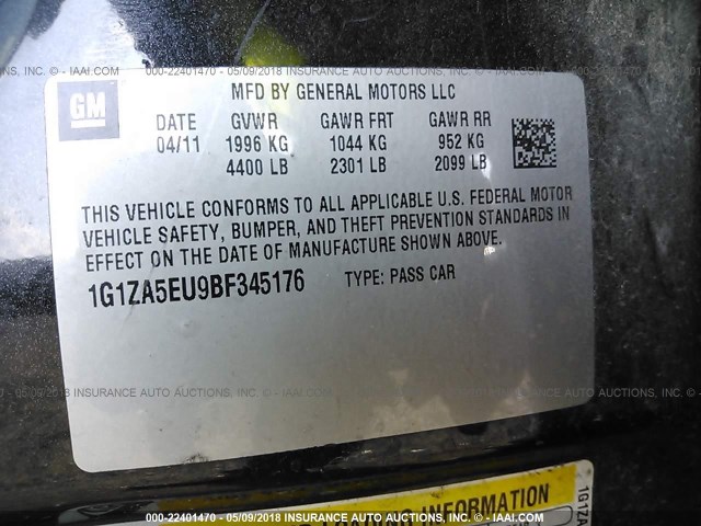 1G1ZA5EU9BF345176 - 2011 CHEVROLET MALIBU LS შავი ფოტო 9