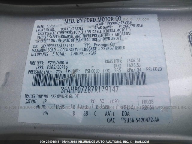 3FAHP07Z87R179147 - 2007 FORD FUSION SE SILVER photo 9