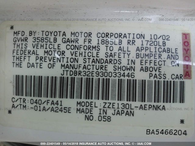 JTDBR32E930033446 - 2003 TOYOTA COROLLA CE/LE WHITE photo 9