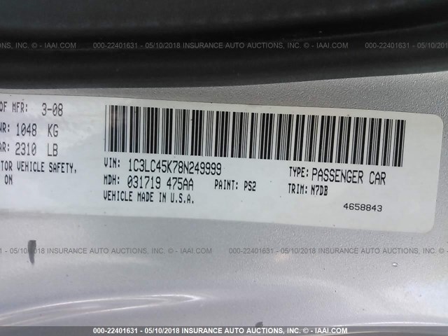 1C3LC45K78N249999 - 2008 CHRYSLER SEBRING SILVER photo 9