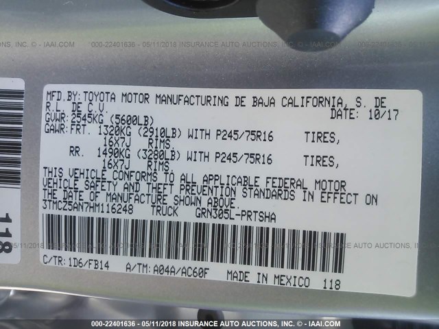 3TMCZ5AN7HM116248 - 2017 TOYOTA TACOMA DBL CAB/SR/TRDSPT/OR/PRO ვერცხლისფერი ფოტო 9