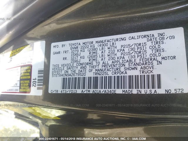 5TETX4CN9AZ679520 - 2010 TOYOTA TACOMA ACCESS CAB Күміс фото 9