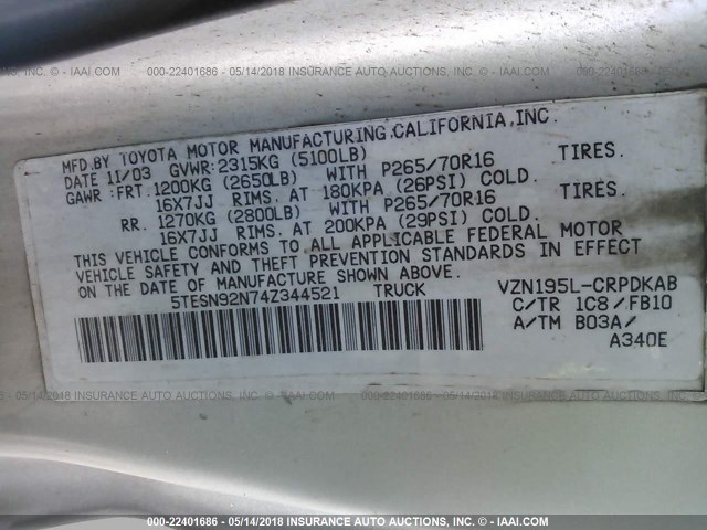 5TESN92N74Z344521 - 2004 TOYOTA TACOMA XTRACAB PRERUNNER ვერცხლისფერი ფოტო 9