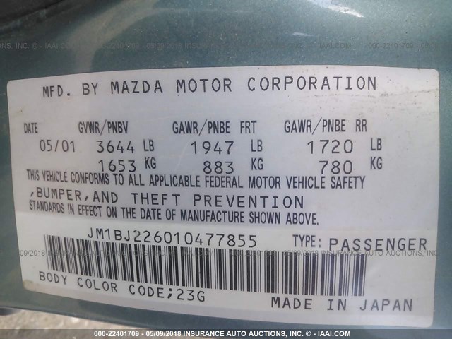 JM1BJ226010477855 - 2001 MAZDA PROTEGE LX/ES მწვანე ფოტო 9