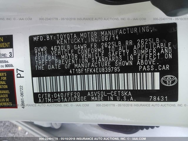 4T1BF1FK4EU839795 - 2014 TOYOTA CAMRY L/SE/LE/XLE 白色 照片 9