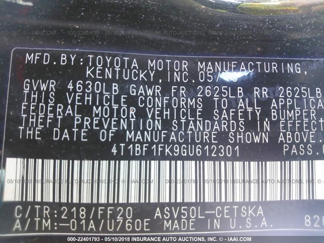 4T1BF1FK9GU612301 - 2016 TOYOTA CAMRY LE/XLE/SE/XSE 黑色 照片 9