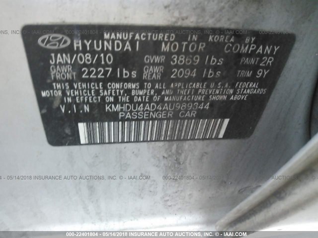 KMHDU4AD4AU989344 - 2010 HYUNDAI ELANTRA BLUE/GLS/SE SILVER photo 9