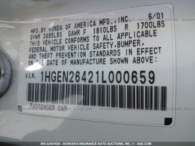 1HGEN26421L000659 - 2001 HONDA CIVIC GX WHITE photo 9