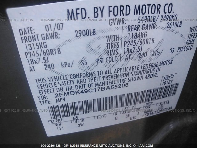 2FMDK49C17BA55206 - 2007 FORD EDGE SEL PLUS GRAY photo 9